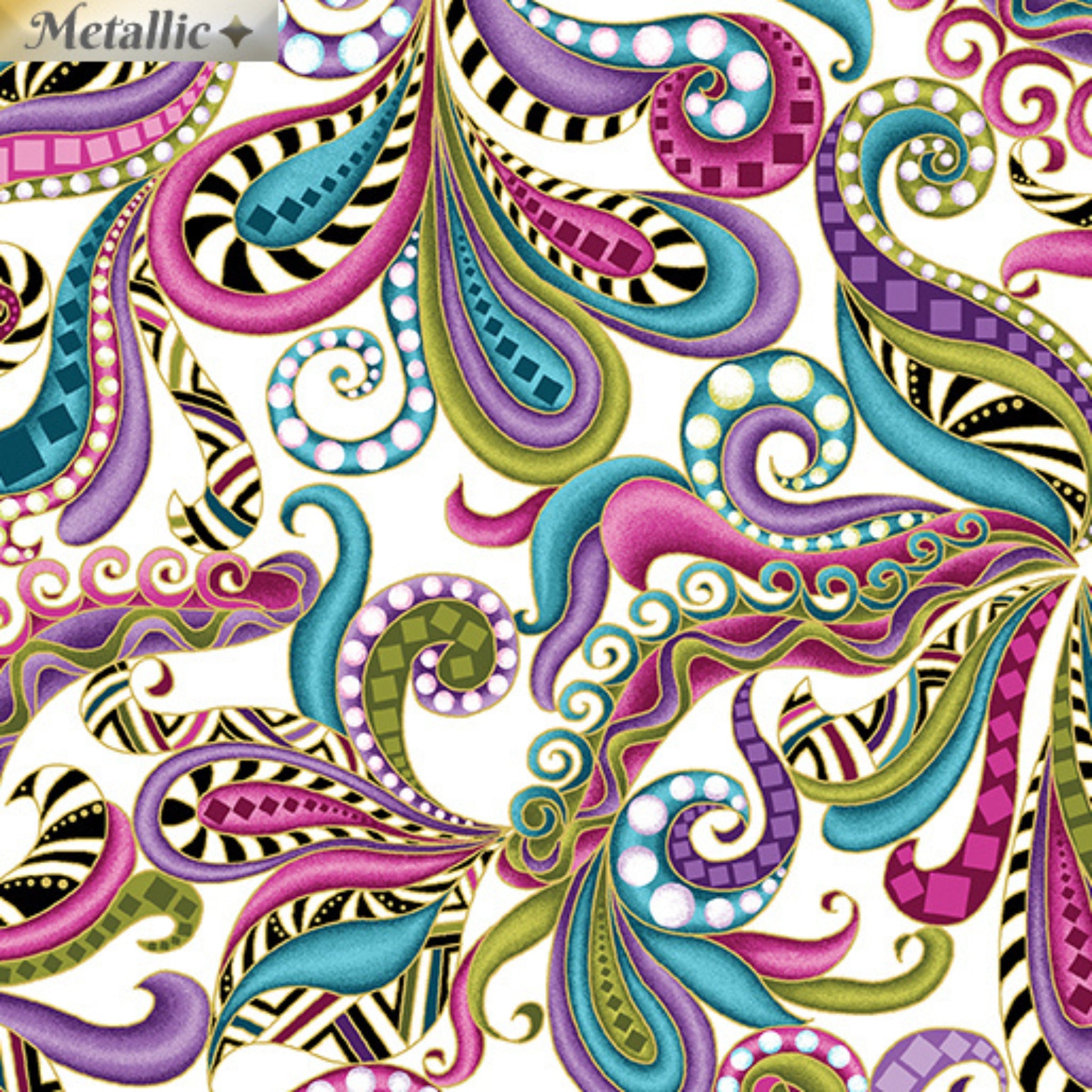 White fabric with vibrant paisley swirls in pink, purple, teal, and gold metallic