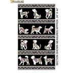 Black fabric panel with colourful dog silhouettes, paw prints, and gold metallic accents