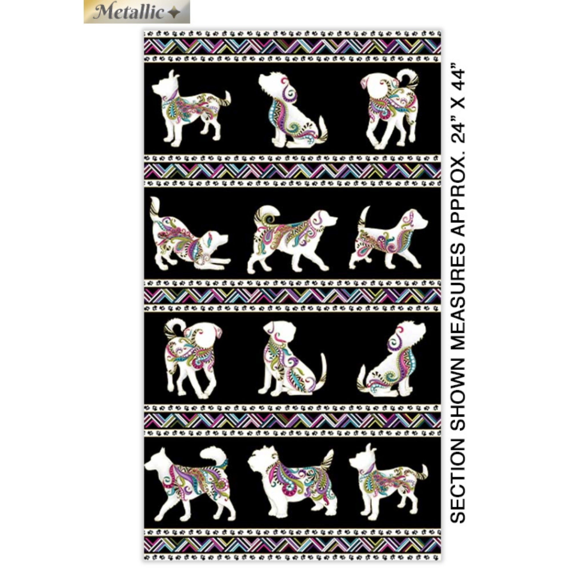 Black fabric panel with colourful dog silhouettes, paw prints, and gold metallic accents