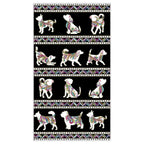 Black fabric panel with colourful dog silhouettes, paw prints, and gold metallic accents