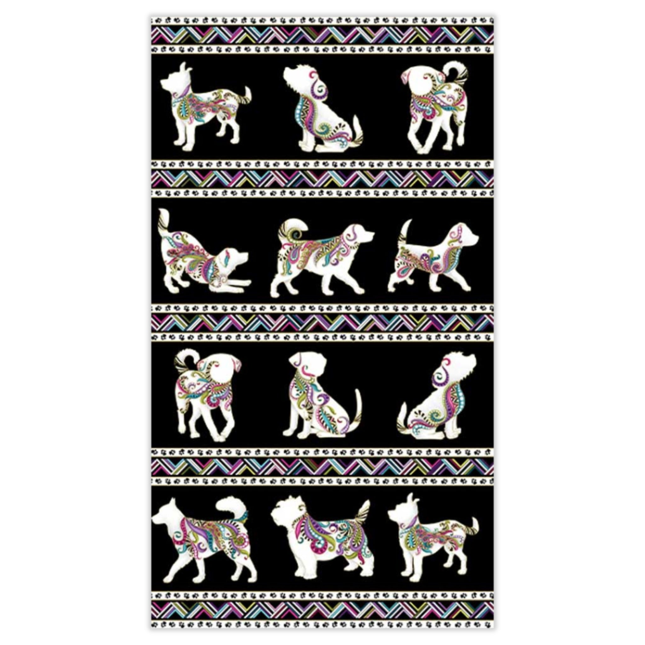 Black fabric panel with colourful dog silhouettes, paw prints, and gold metallic accents