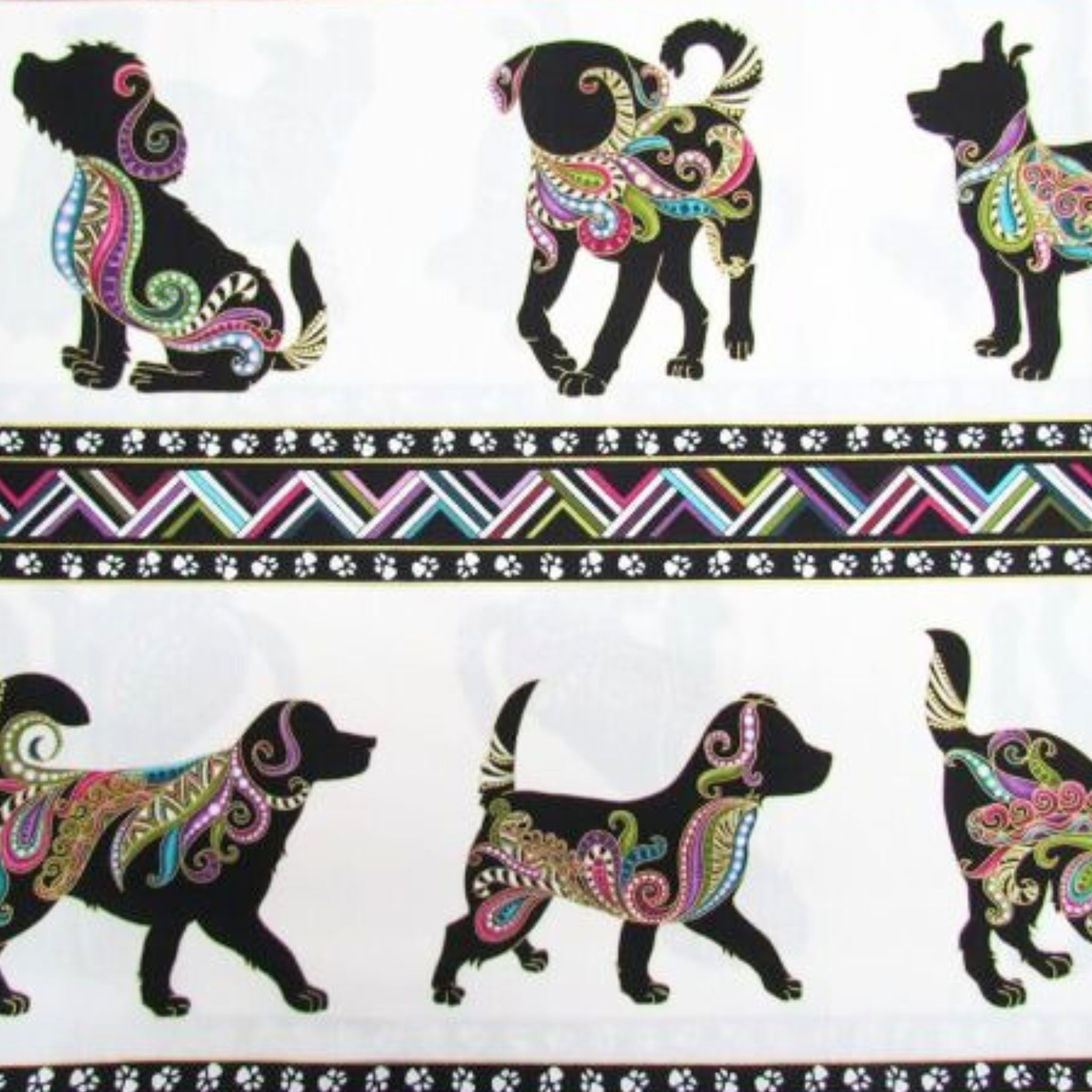 Decorative fabric with black dog silhouettes and colorful patterns on a white background.