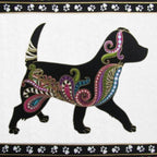 White fabric panel with colourful dog silhouettes, paw prints, and gold metallic accents