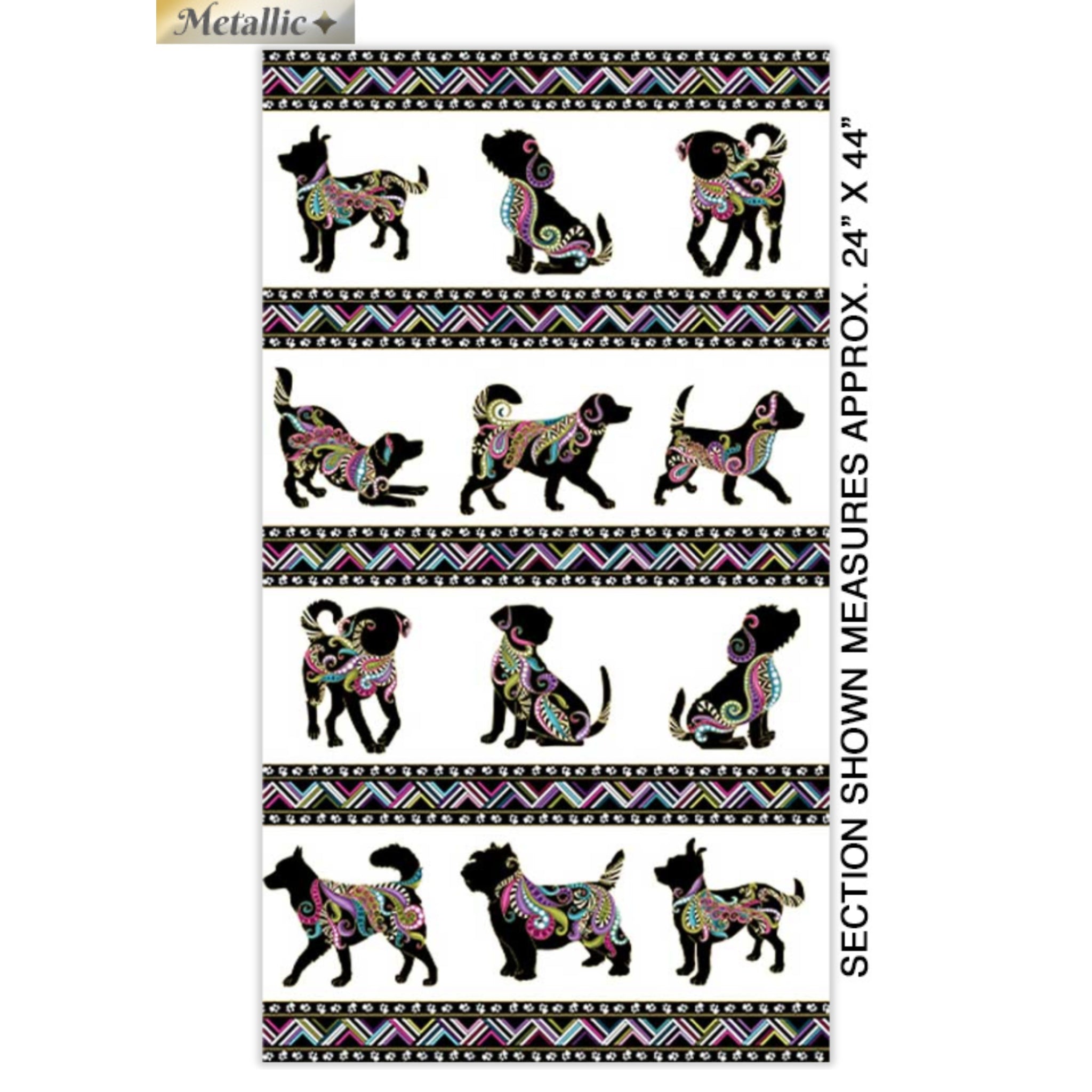 White fabric panel with colourful dog silhouettes, paw prints, and gold metallic accents