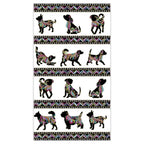 White fabric panel with colourful dog silhouettes, paw prints, and gold metallic accents