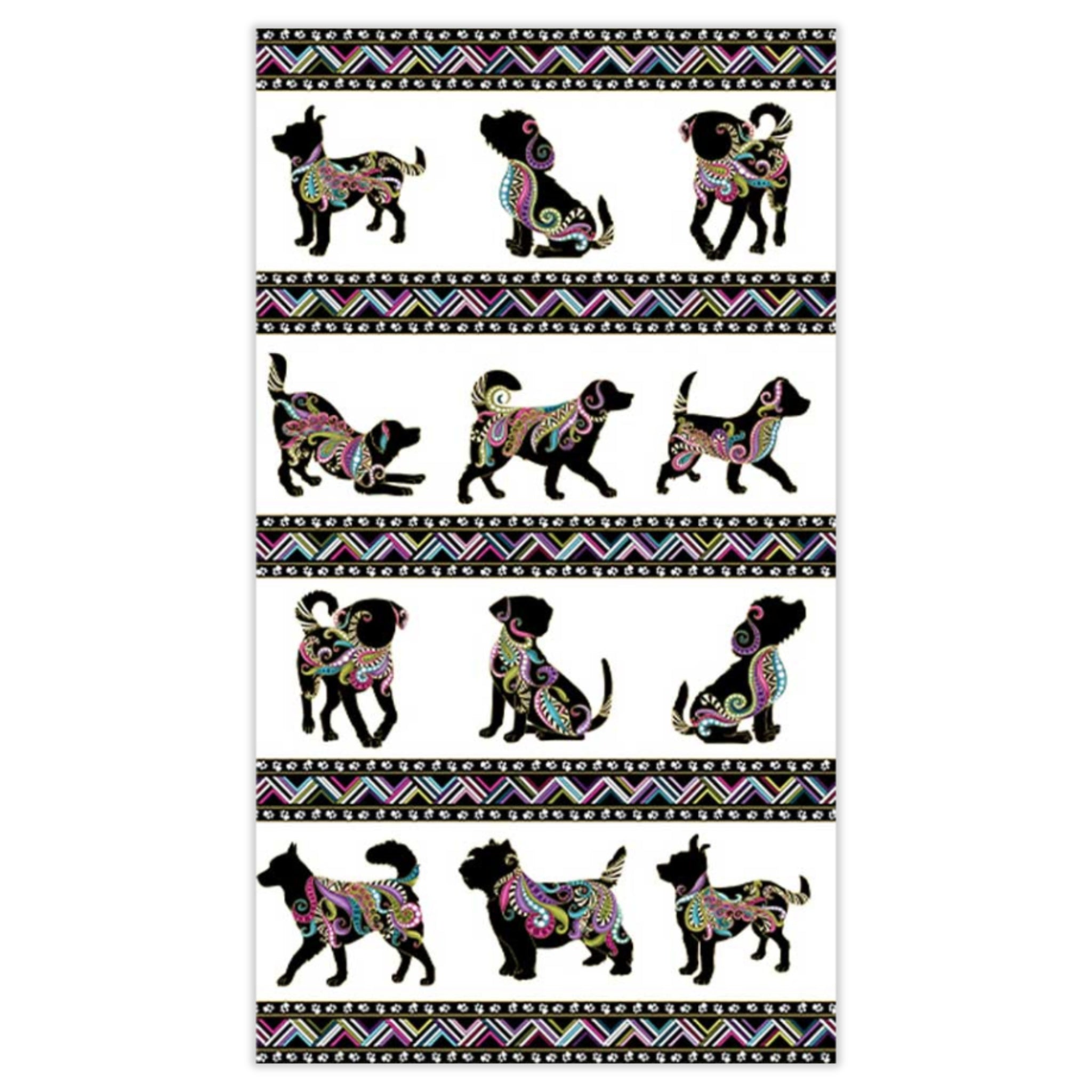 White fabric panel with colourful dog silhouettes, paw prints, and gold metallic accents