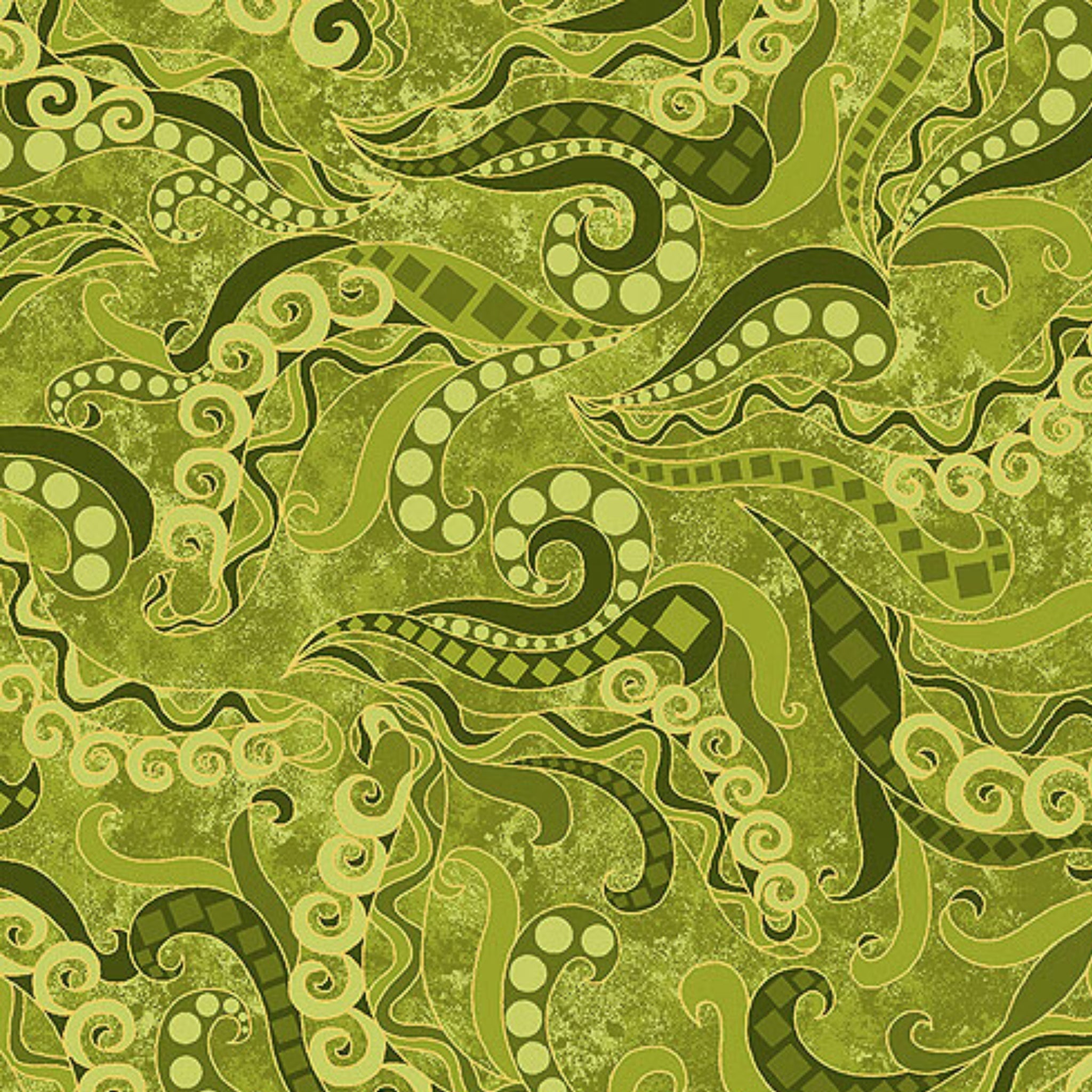 Tonal green fabric with swirling scrolls, paisley patterns, and gold metallic accents