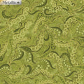 Tonal green fabric with swirling scrolls, paisley patterns, and gold metallic accents