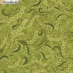 Tonal green fabric with swirling scrolls, paisley patterns, and gold metallic accents