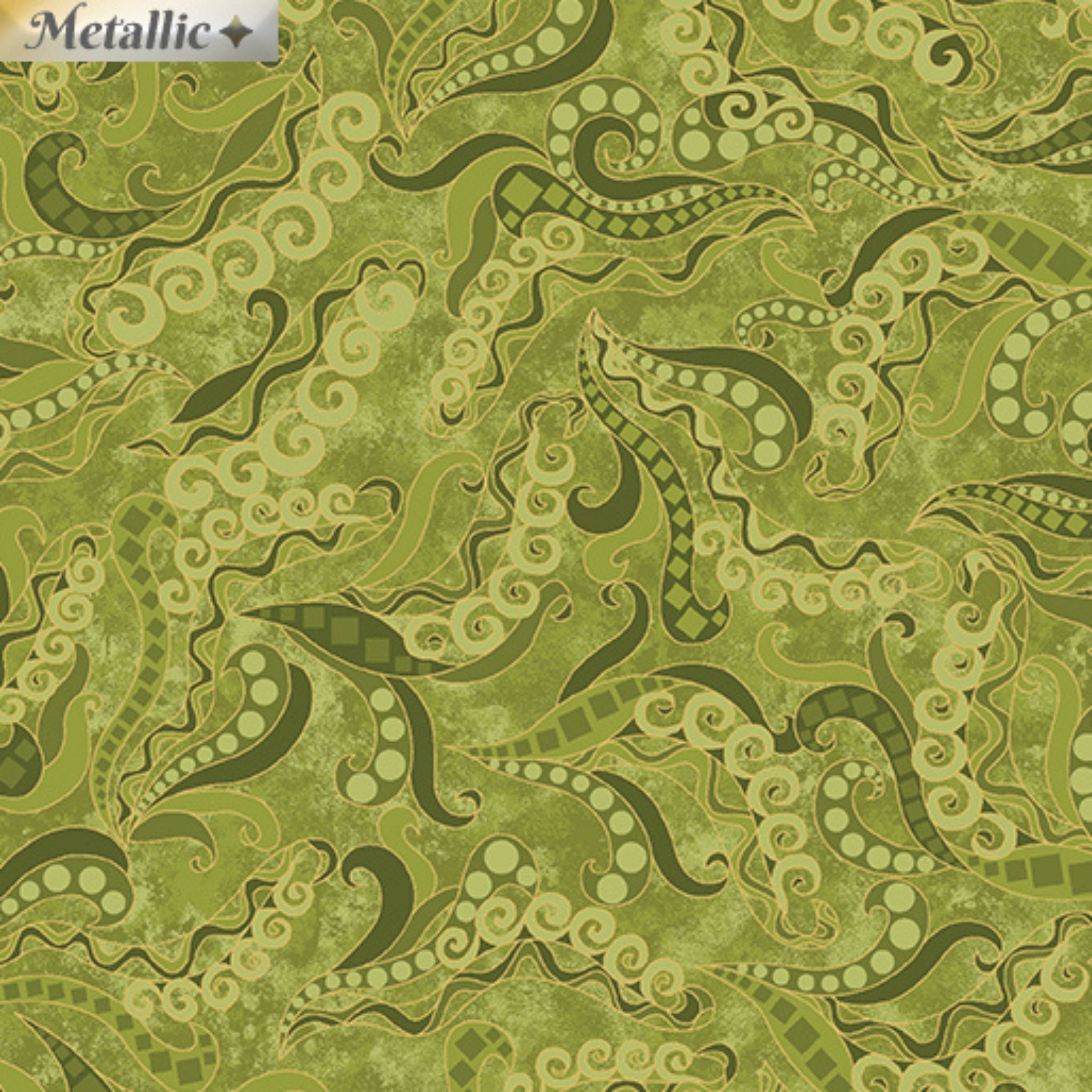 Tonal green fabric with swirling scrolls, paisley patterns, and gold metallic accents