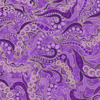 Tonal purple fabric with swirling scrolls, paisley patterns, and gold metallic accents
