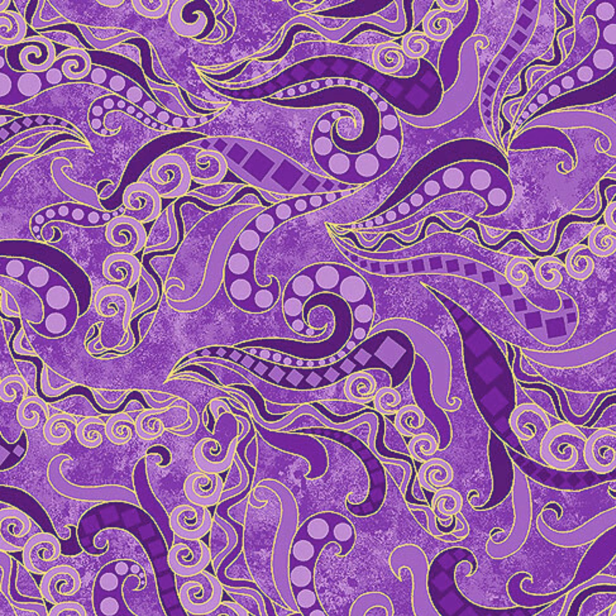 Tonal purple fabric with swirling scrolls, paisley patterns, and gold metallic accents