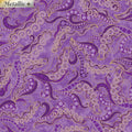 Tonal purple fabric with swirling scrolls, paisley patterns, and gold metallic accents