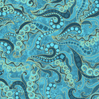 Tonal teal fabric with swirling scrolls, paisley patterns, and gold metallic accents