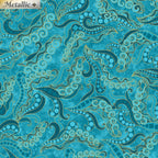 Tonal teal fabric with swirling scrolls, paisley patterns, and gold metallic accents