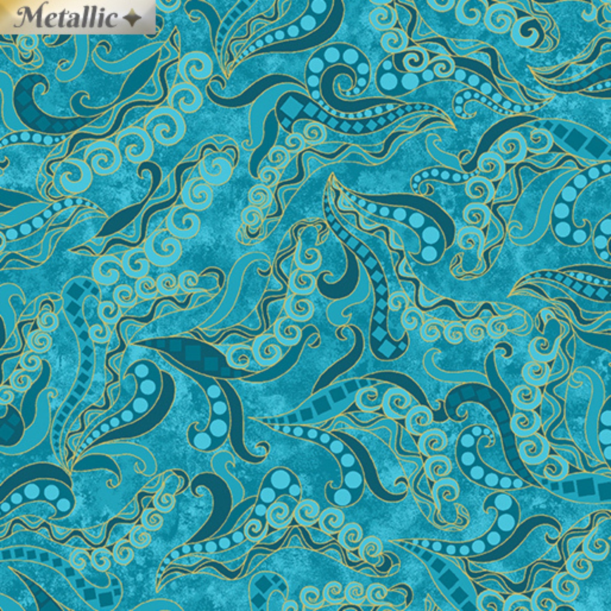 Tonal teal fabric with swirling scrolls, paisley patterns, and gold metallic accents