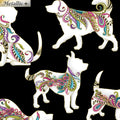 Black fabric with large, decorative dog silhouettes in vibrant paisley and gold metallic