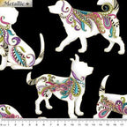 Black fabric with large, decorative dog silhouettes in vibrant paisley and gold metallic
