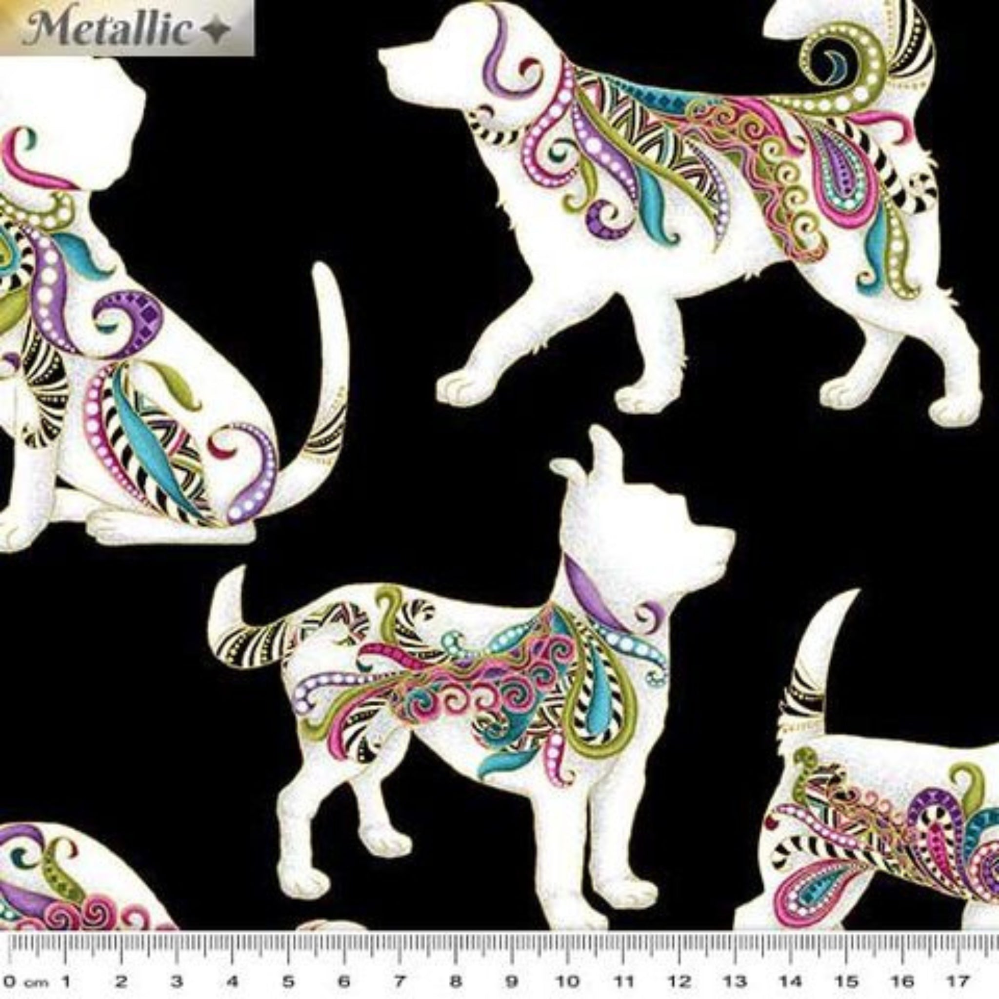 Black fabric with large, decorative dog silhouettes in vibrant paisley and gold metallic