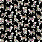 Black fabric with large, decorative dog silhouettes in vibrant paisley and gold metallic
