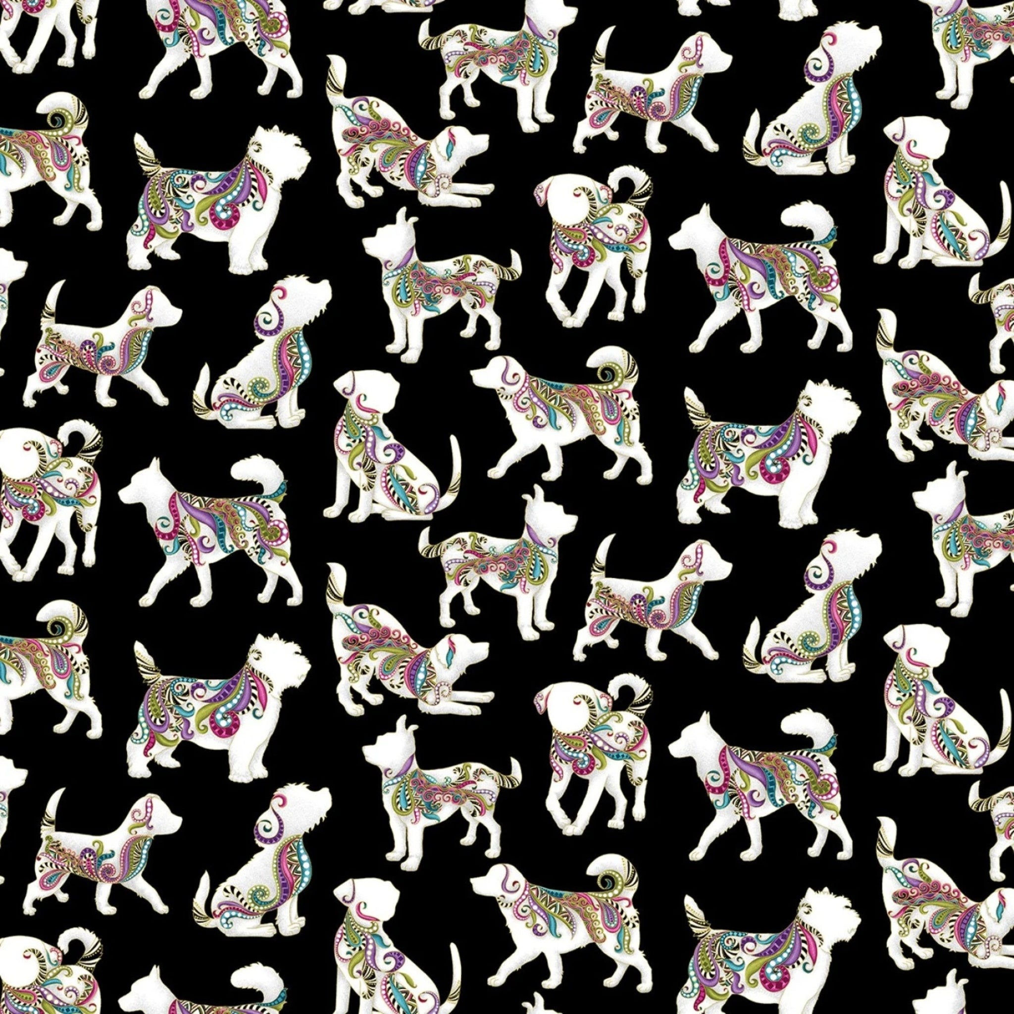 Black fabric with large, decorative dog silhouettes in vibrant paisley and gold metallic
