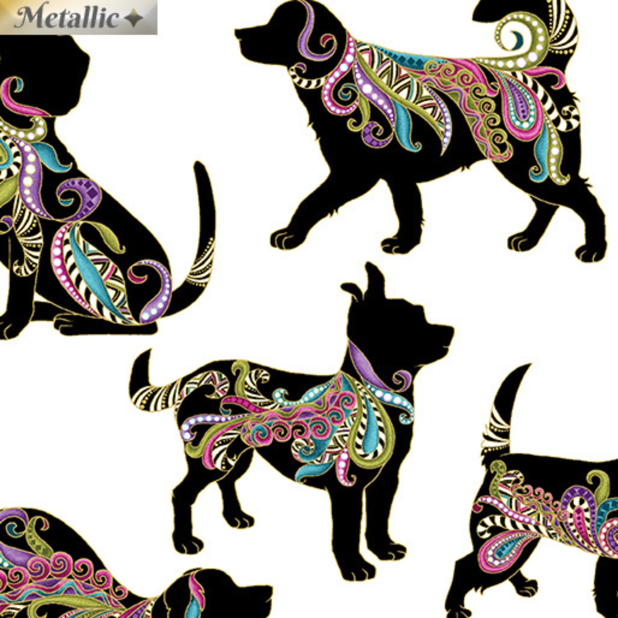 White fabric with large, decorative dog silhouettes in vibrant paisley and gold metallic