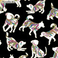 Black fabric with small, tossed dog silhouettes in vibrant paisley and gold metallic