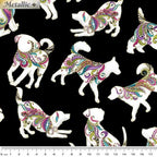 Black fabric with small, tossed dog silhouettes in vibrant paisley and gold metallic