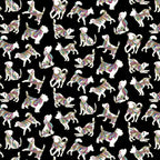 Black fabric with small, tossed dog silhouettes in vibrant paisley and gold metallic