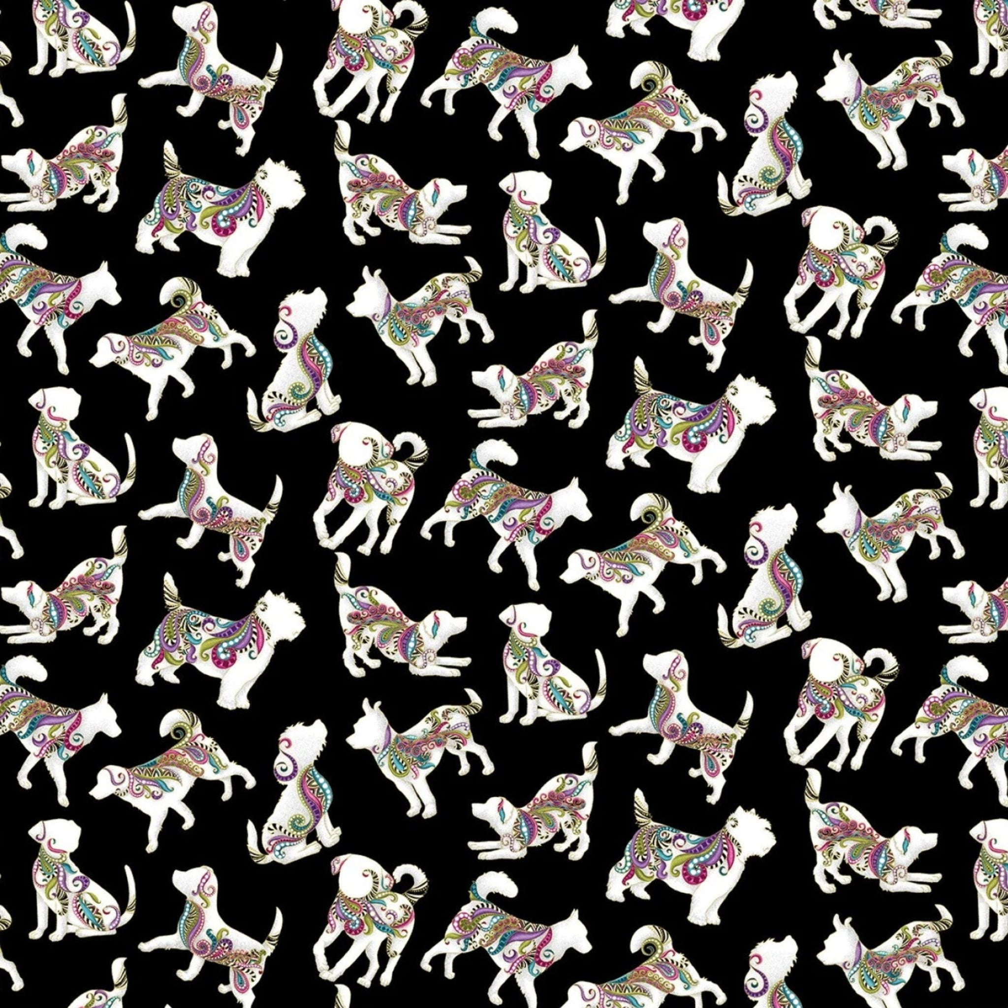 Black fabric with small, tossed dog silhouettes in vibrant paisley and gold metallic