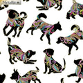 White fabric with small, tossed dog silhouettes in vibrant paisley and gold metallic
