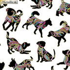 White fabric with small, tossed dog silhouettes in vibrant paisley and gold metallic