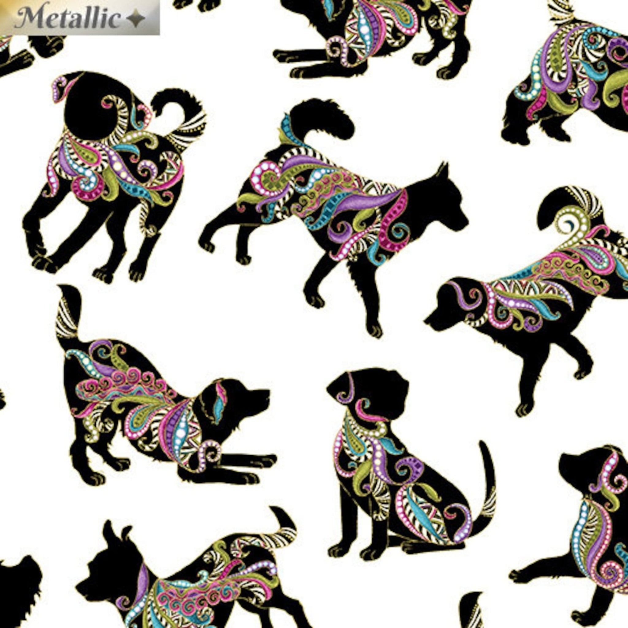 White fabric with small, tossed dog silhouettes in vibrant paisley and gold metallic
