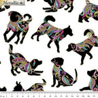 White fabric with small, tossed dog silhouettes in vibrant paisley and gold metallic