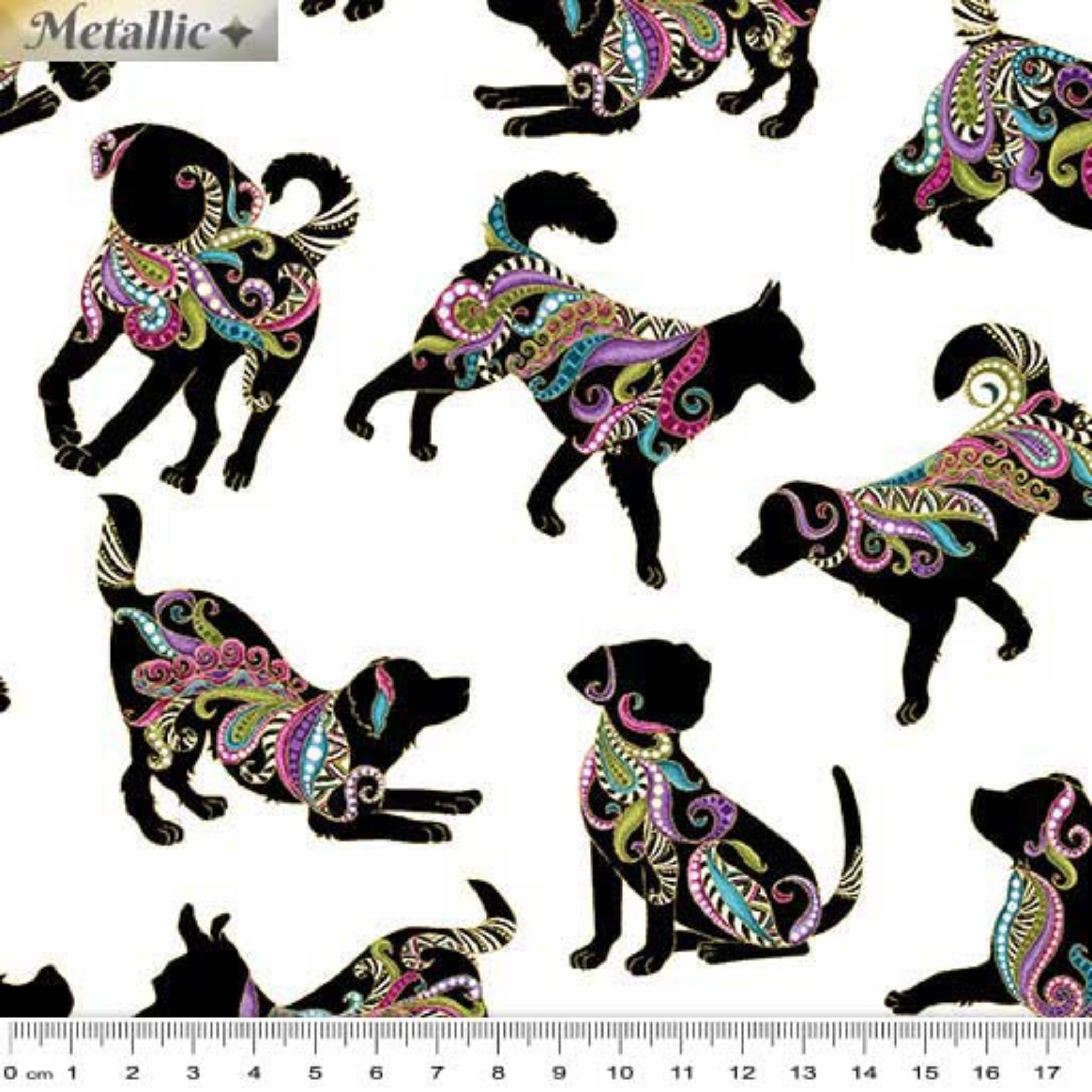 White fabric with small, tossed dog silhouettes in vibrant paisley and gold metallic