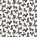 White fabric with small, tossed dog silhouettes in vibrant paisley and gold metallic