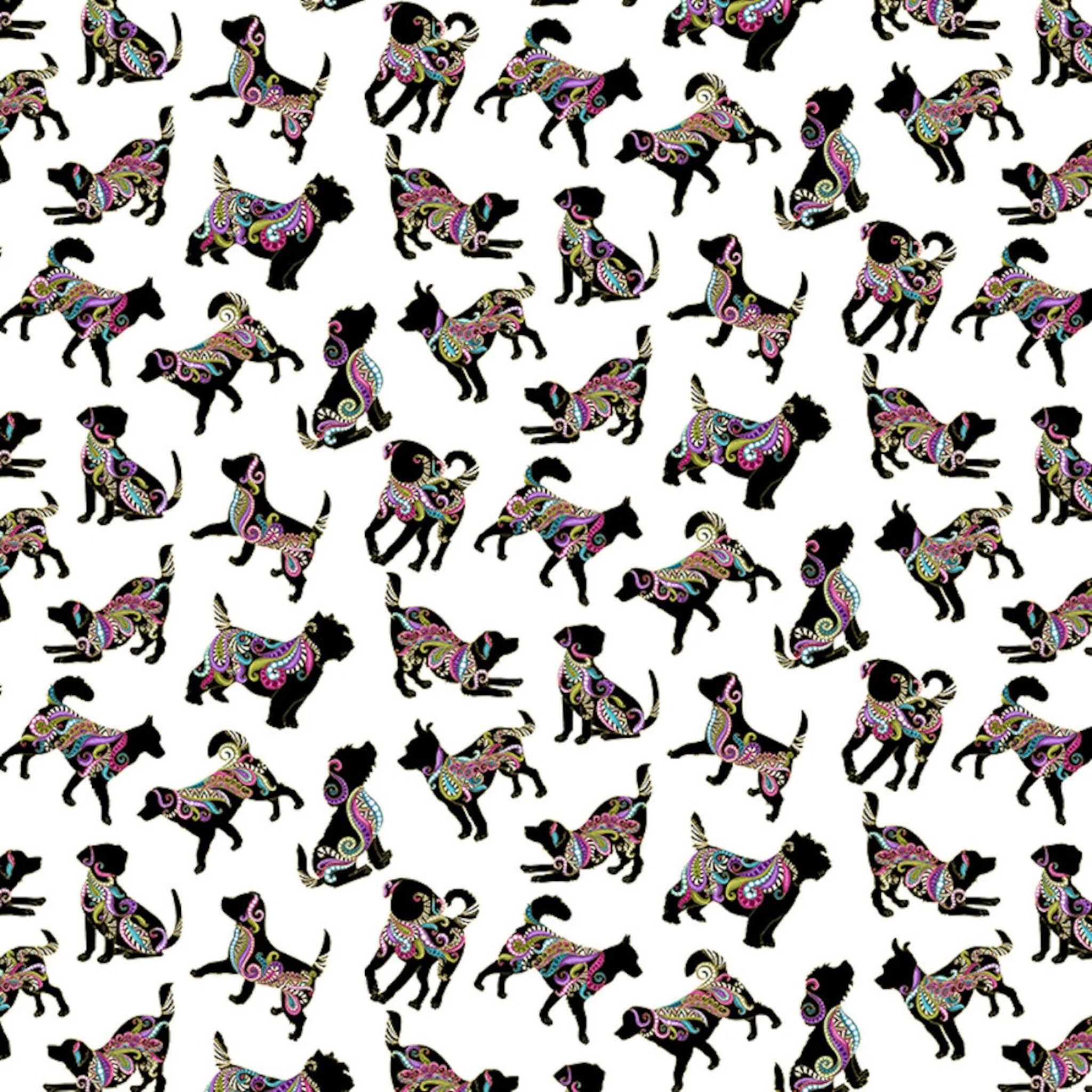 White fabric with small, tossed dog silhouettes in vibrant paisley and gold metallic