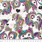 White fabric with large dog faces decorated with colourful paisley and gold metallic