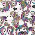 White fabric with large dog faces decorated with colourful paisley and gold metallic