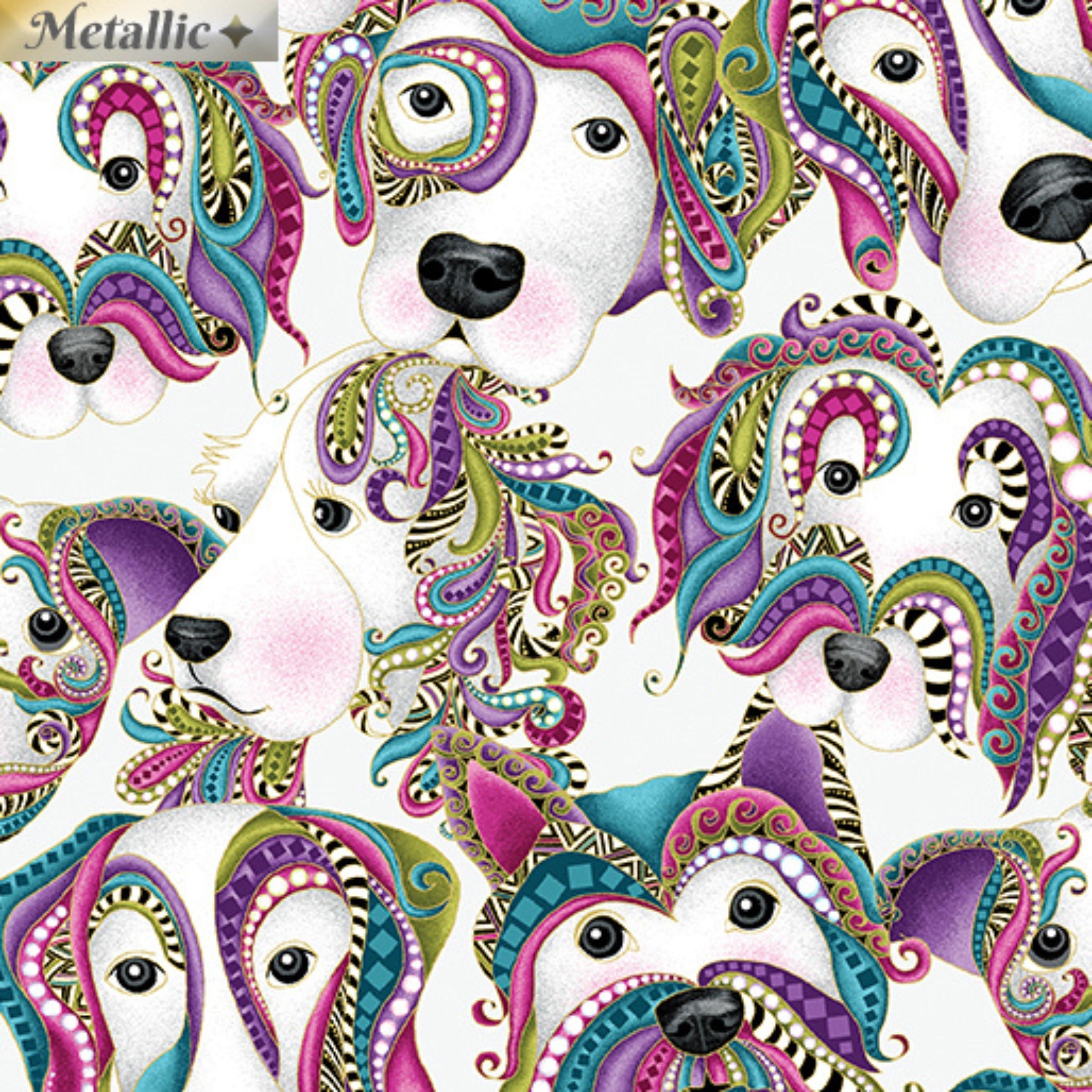 White fabric with large dog faces decorated with colourful paisley and gold metallic
