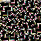 Black fabric with tossed geometric shapes in bright colours and gold metallic outline