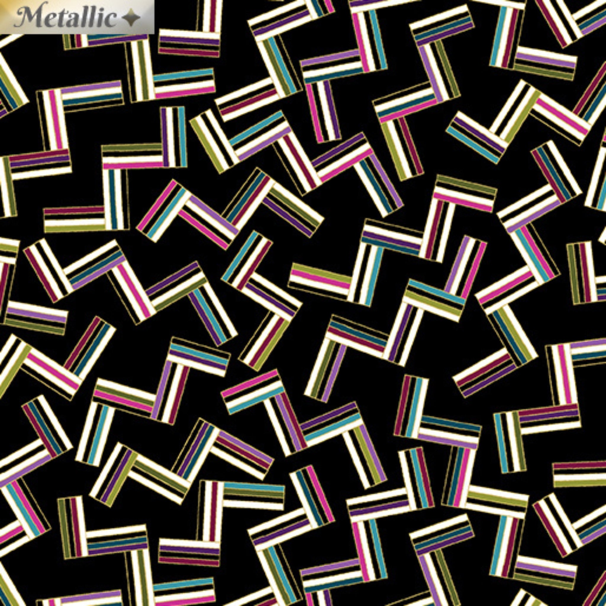 Black fabric with tossed geometric shapes in bright colours and gold metallic outline