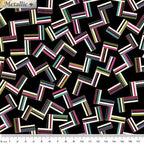 Black fabric with tossed geometric shapes in bright colours and gold metallic outline