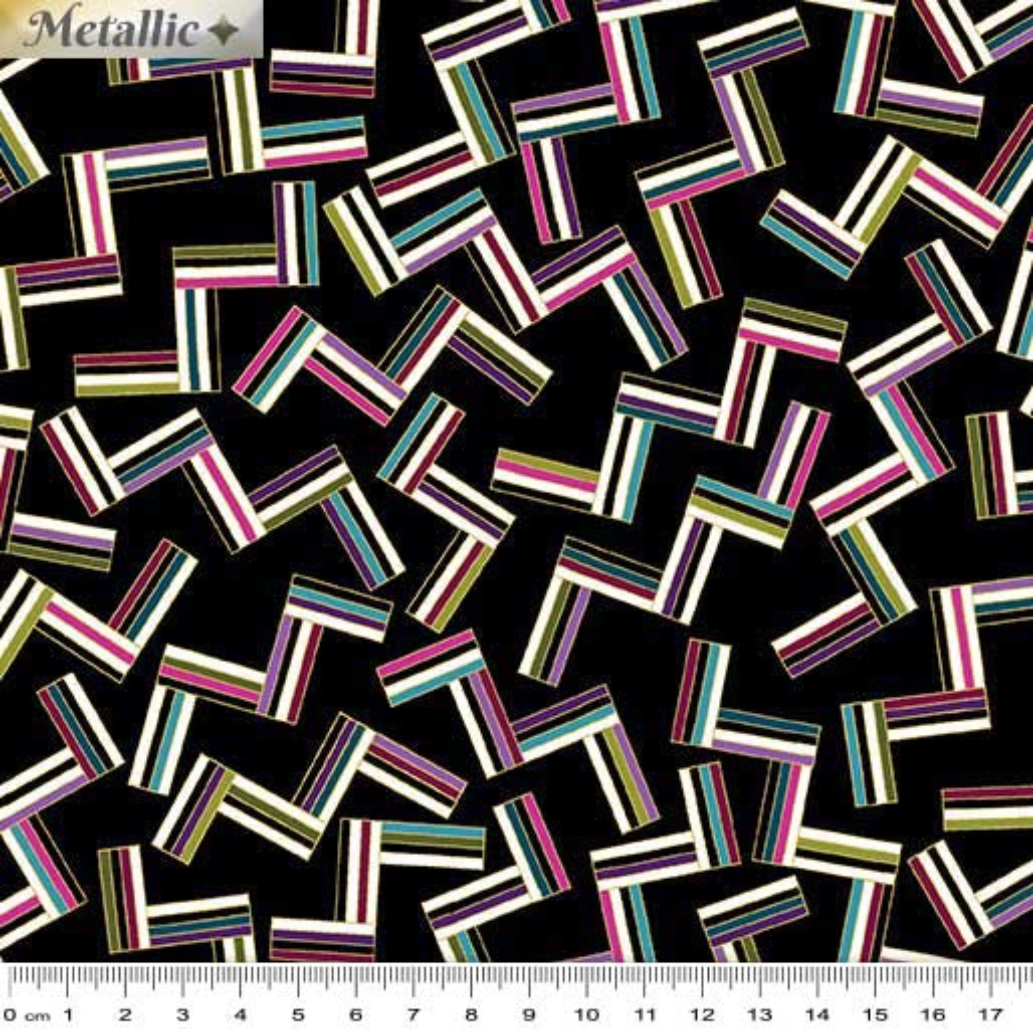 Black fabric with tossed geometric shapes in bright colours and gold metallic outline