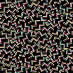 Black fabric with tossed geometric shapes in bright colours and gold metallic outline