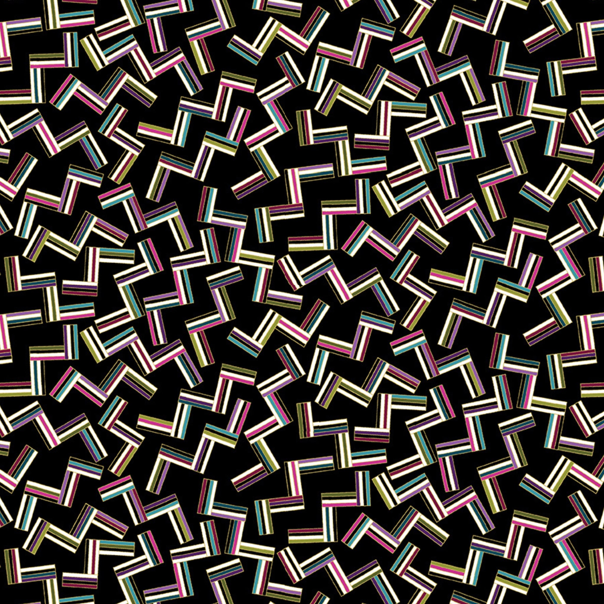 Black fabric with tossed geometric shapes in bright colours and gold metallic outline