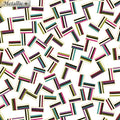 White fabric with tossed geometric shapes in bright colours and gold metallic outline