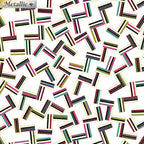 White fabric with tossed geometric shapes in bright colours and gold metallic outline