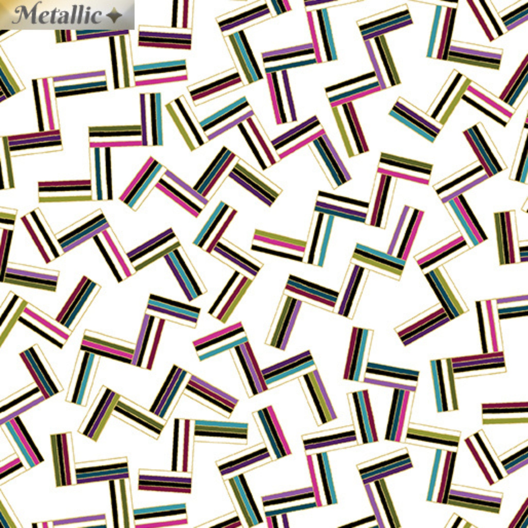 White fabric with tossed geometric shapes in bright colours and gold metallic outline