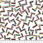 White fabric with tossed geometric shapes in bright colours and gold metallic outline